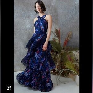 Marchesa Notte Halter Floral Pleated Navy Chiffon Gown Tiered Romantic Formal-8